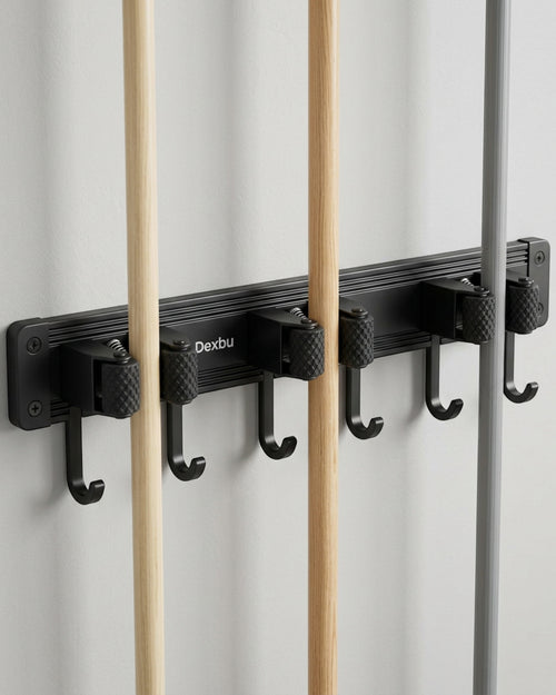 Dexbu Aluminum Mop and Broom Holder 5 Grips 6 Hooks 45 cm Black - Lifestyle view
