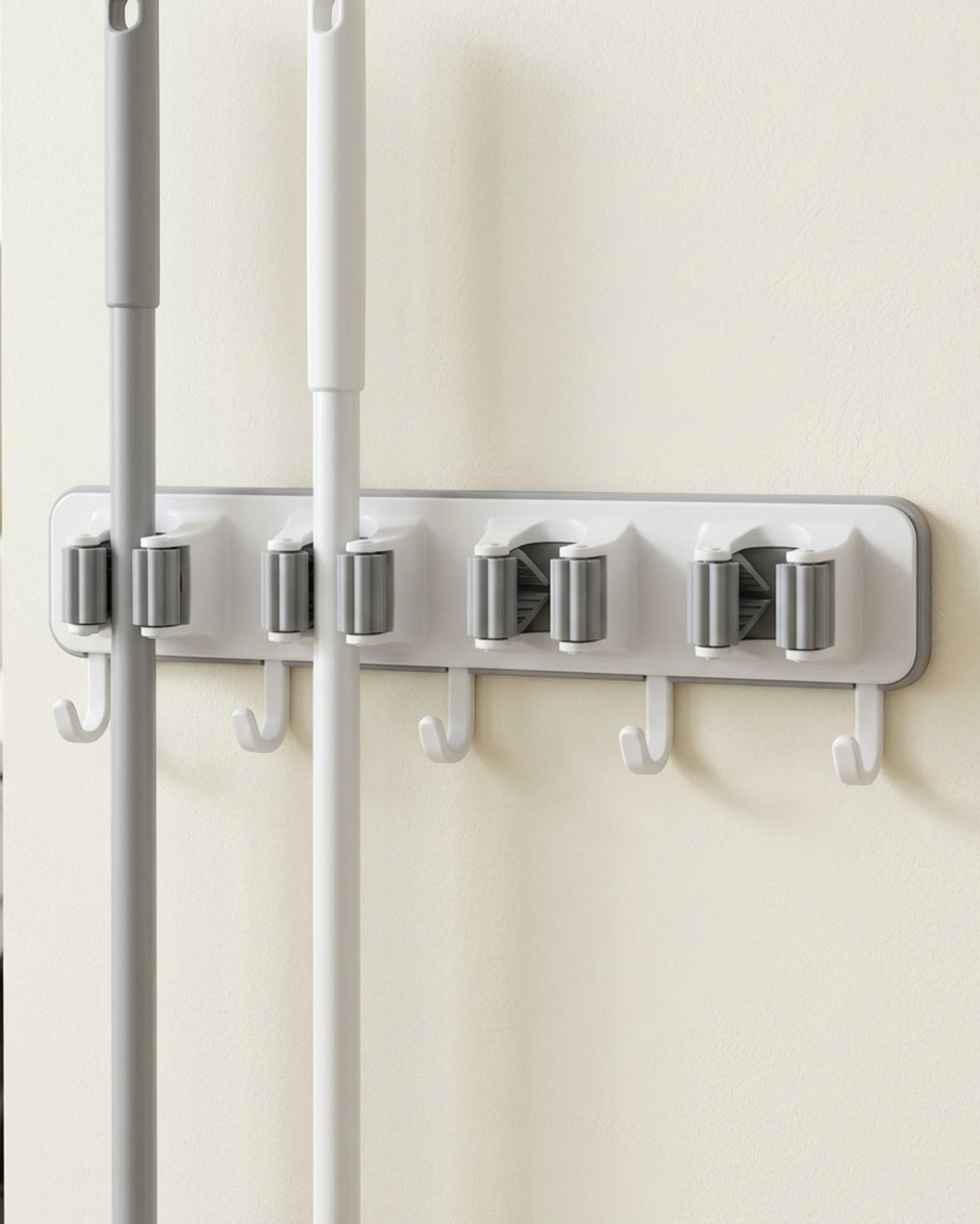 Dexbu Polymer Mop and Broom Holder 4 Grips 5 Hooks 40 cm White Gray - Lifestyle view