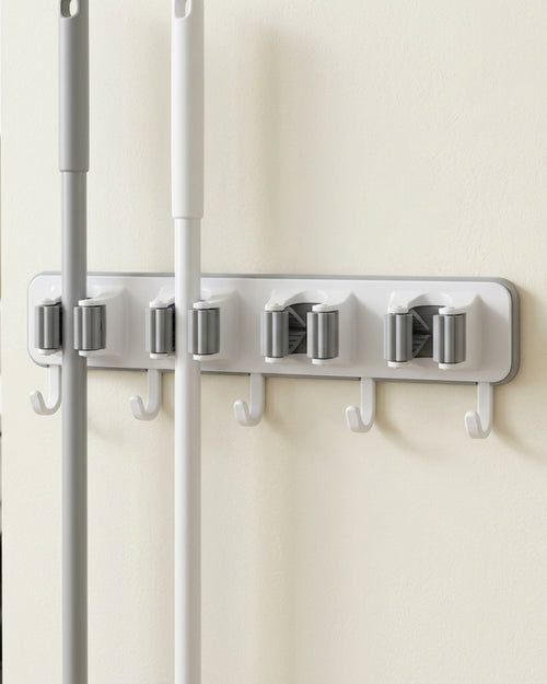 Dexbu Polymer Mop and Broom Holder 4 Grips 5 Hooks 40 cm White Gray - Lifestyle view