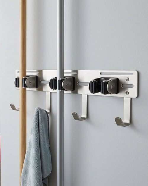 Dexbu Stainless Steel Mop and Broom Holder 3 Clamps 4 Hooks 35 cm - Lifestyle view